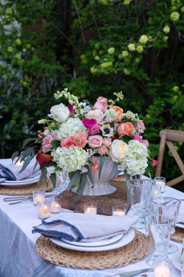 A delicate bouquet of roses, hydrangea and lilies of the valley for a romantic atmosphere